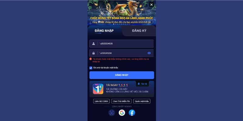Điền thông tin không chính xác