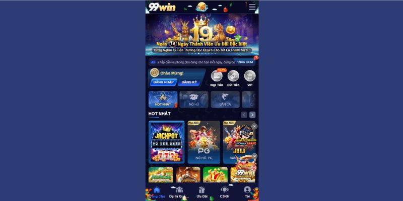 Giao diện chính thức của nhà cái 99win